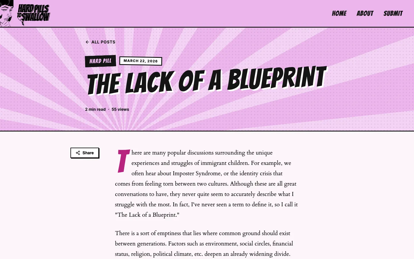 A Hard Pills to Swallow article page with a comic-styled banner