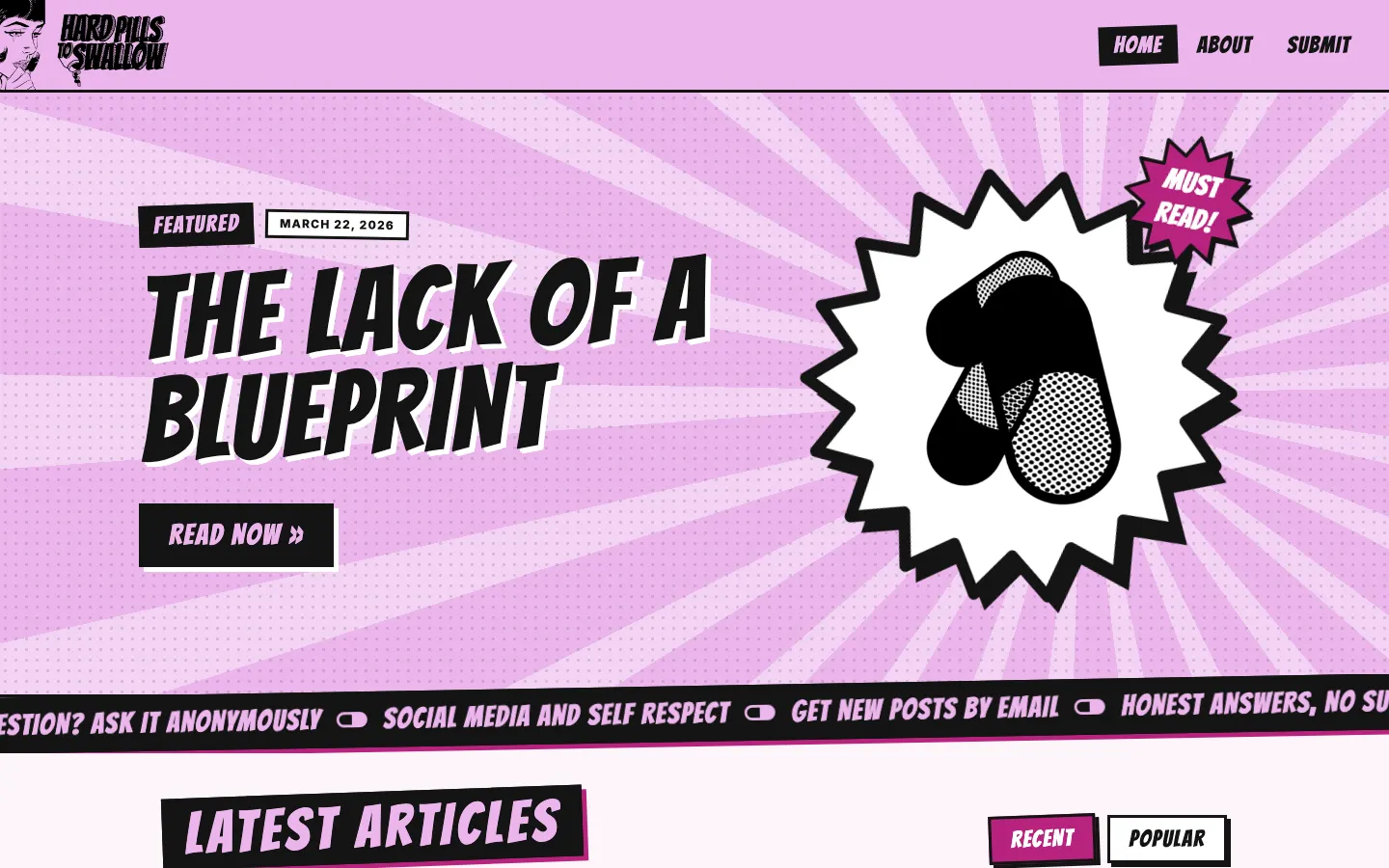 Hard Pills to Swallow home page: pop-art featured post and recent articles