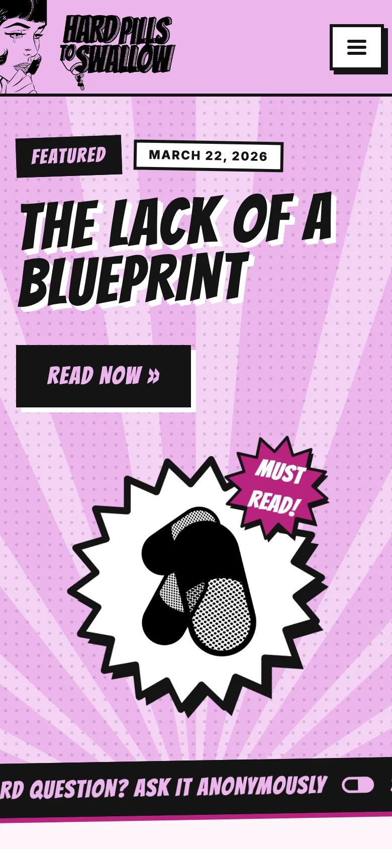 Hard Pills to Swallow home page on a phone