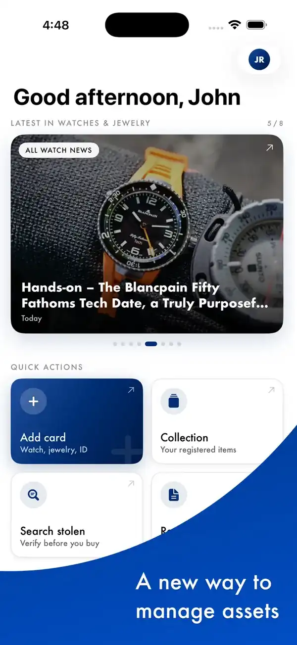 Myne Global iOS app — Home screen with watch news and quick actions