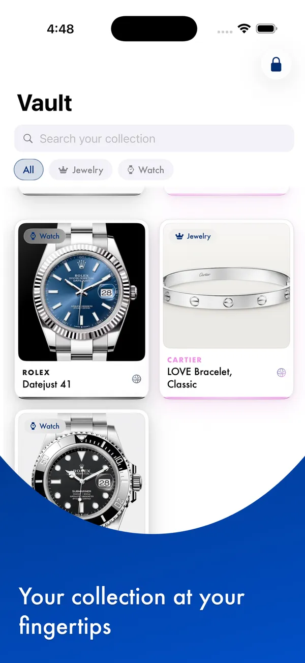 Myne Global iOS app — Vault listing a Rolex Datejust and a Cartier bracelet