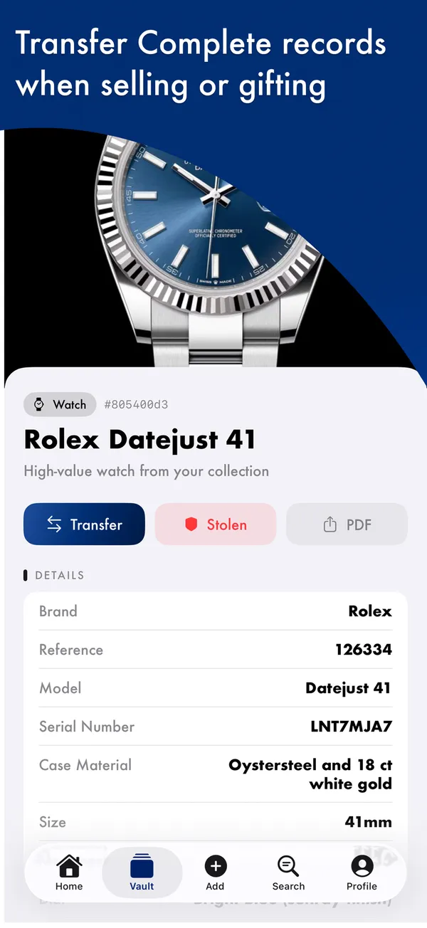 Myne Global iOS app — Rolex Datejust 41 item record with Transfer, Stolen and PDF actions