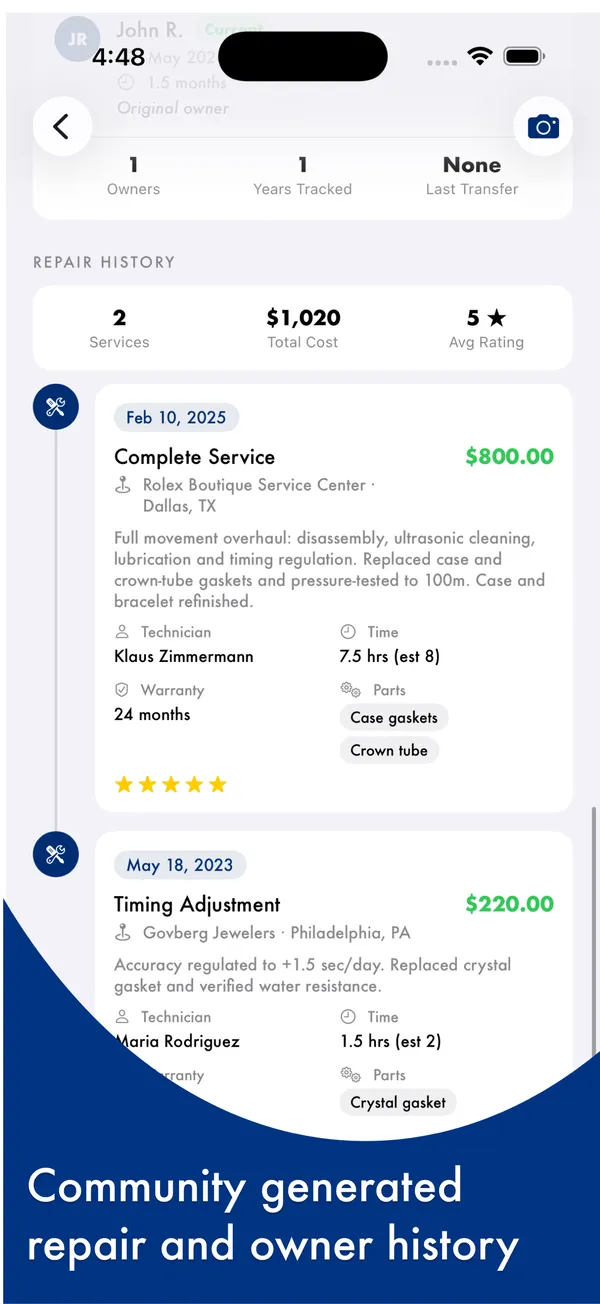 Myne Global iOS app — Item repair history with service costs, technicians and ratings