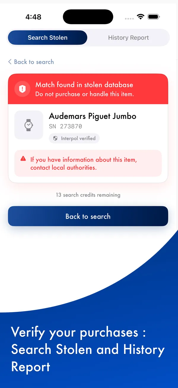 Myne Global iOS app — Search result flagging an Audemars Piguet as stolen, Interpol verified